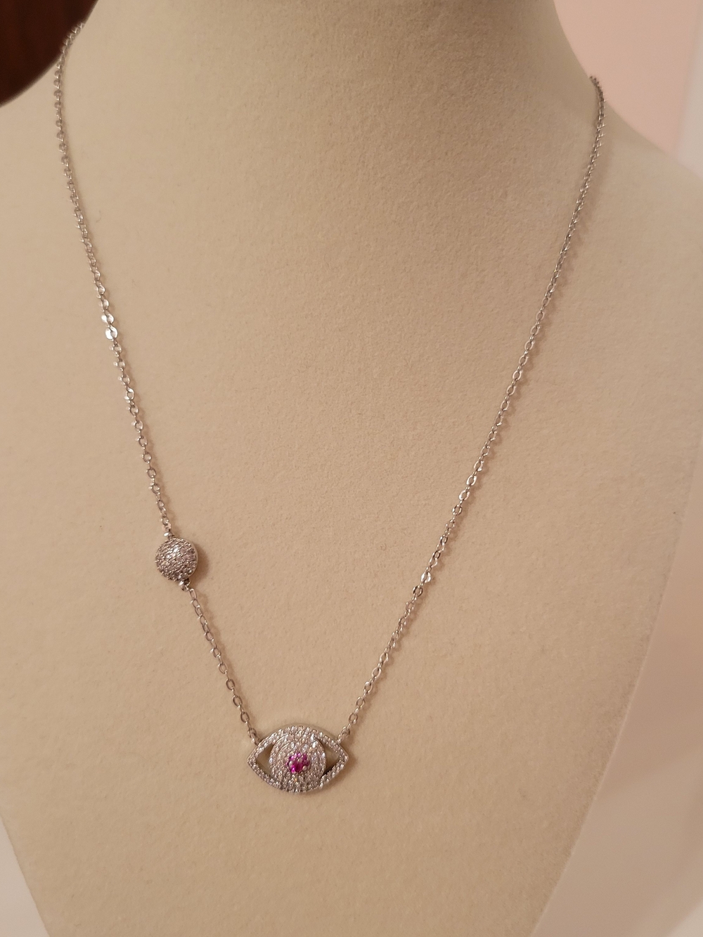 18k White Gold Plated Evil Eye Necklace with Pink Center